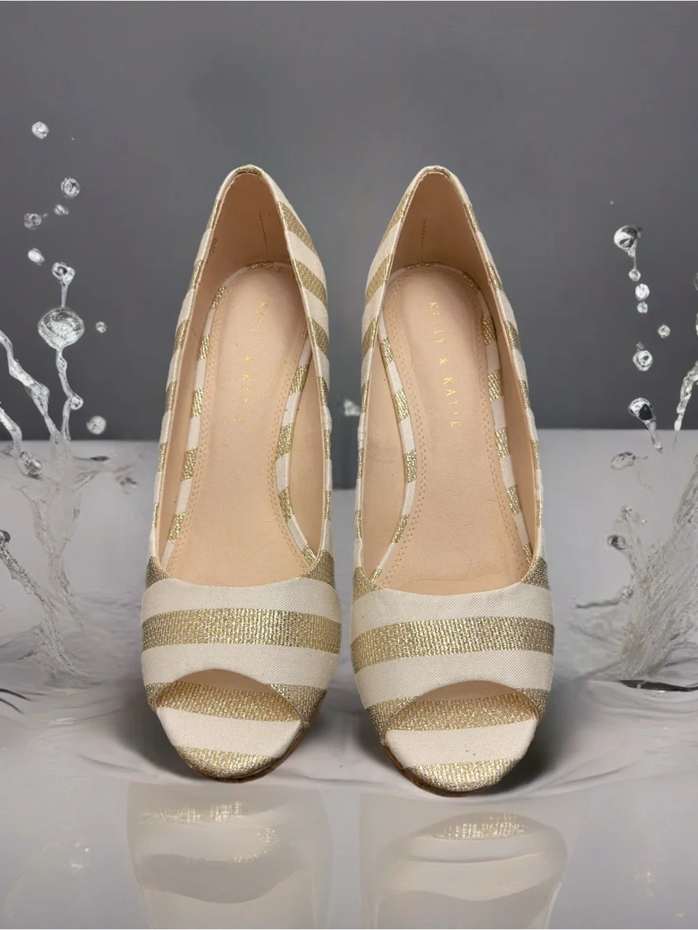 Wedge Peep-Toe Pumps in Cream and Gold Stripe